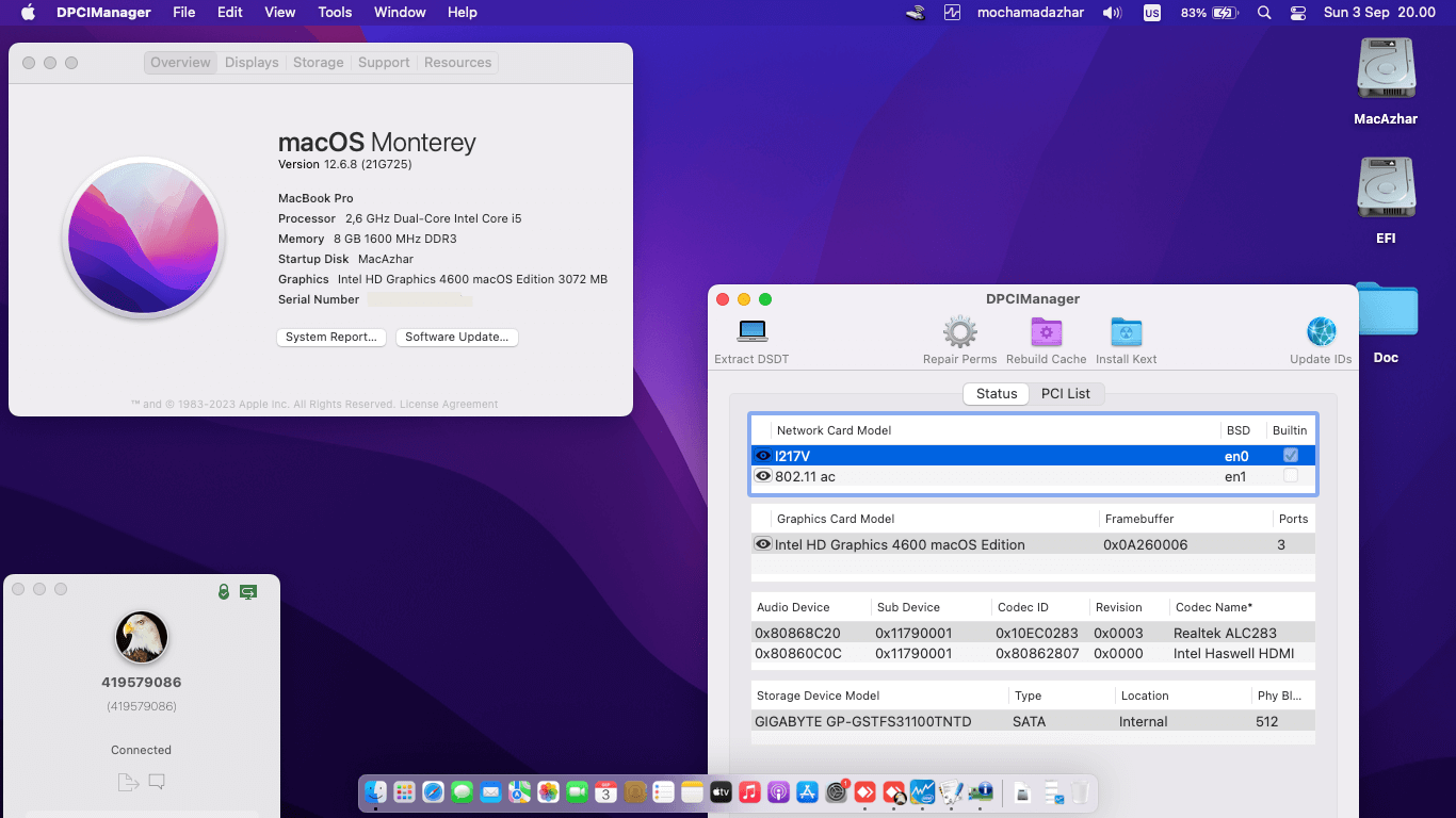 Success Hackintosh macOS Monterey 12.6.8 Build 21G725 in Toshiba Dynabook R734/M